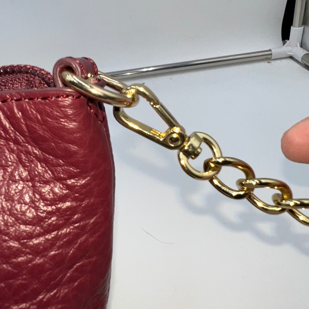Lodis Burgundy Pebble Leather Crossbody Bag Gold Chain Strap Zip Top - Picture 3 of 11